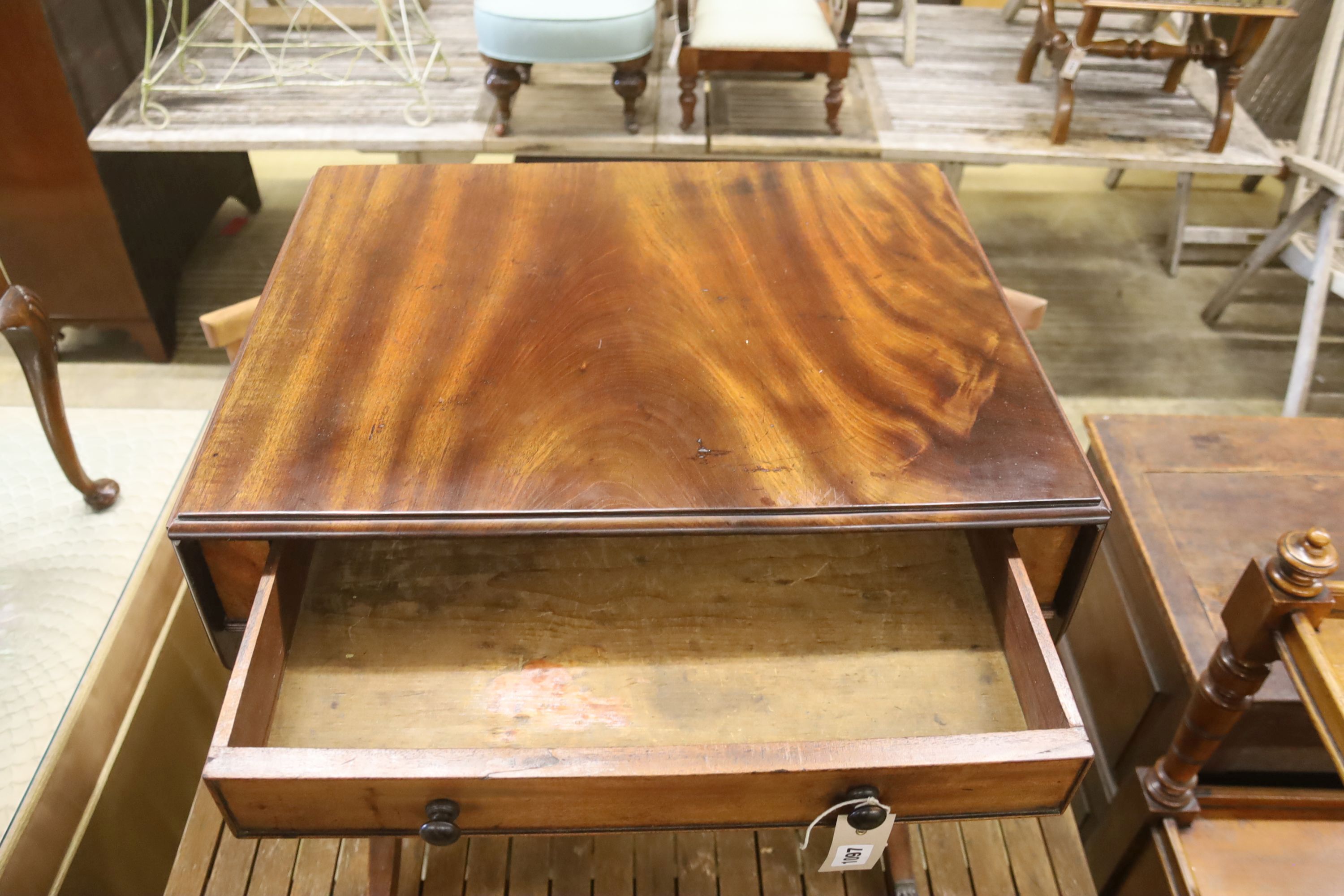 A Victorian mahogany drop flap work table, width 64cm, depth 50cm, height 73cm